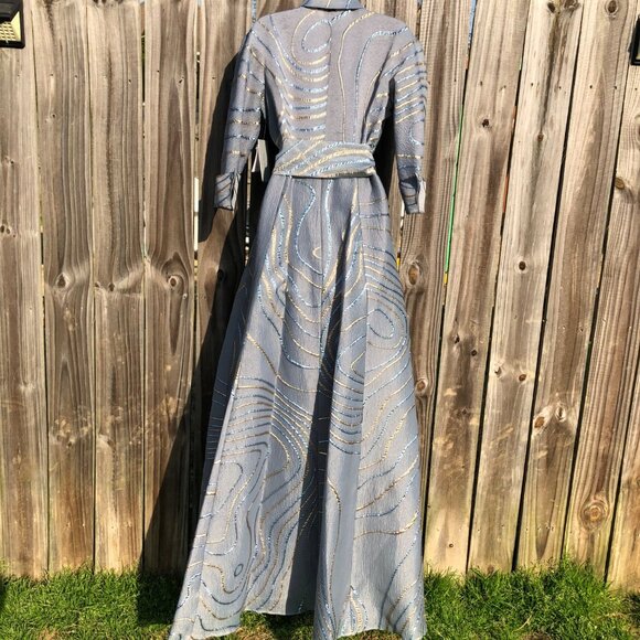 Rickie Freeman for Teri Jon NWT 6 Jacquard Metallic Abstract Dress Gown Blue - Picture 12 of 15